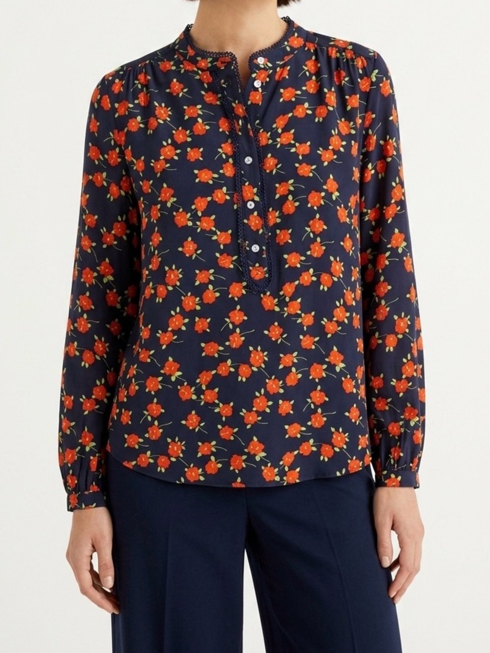 J.Crew Navy Poppy Floral Popover Blouse Medium Romantic Boho Chic Top